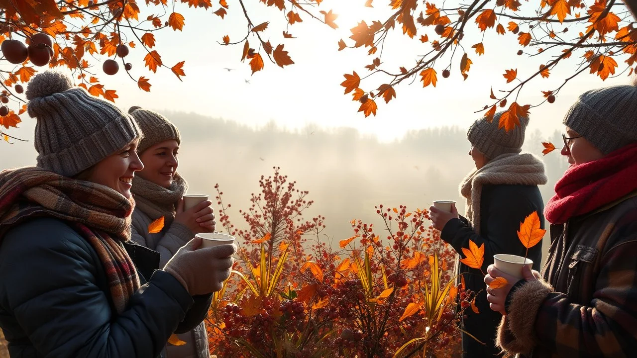 Autumn: falling leaves, Misty mornings, fog over distant fields or forests, sunshine; people wearing scarves, woolly hats, gloves, holding steaming mugs of hot drinks; chestnuts, acorns, berries, rowan, holly; flocks of birds migrating; squirrels gathering nuts; beautiful colours, atmospheric. Award winning photograph.