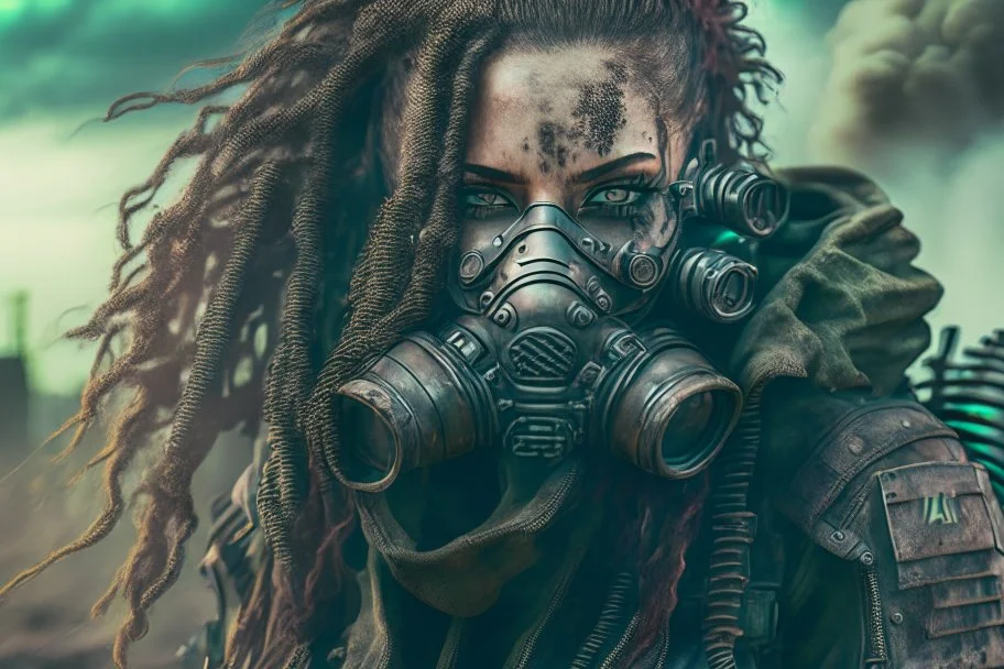 front facing full length grunge armored female, dreadlock hair cyberpunk vampire mercenary with gas mask, highly detailed with gritty post apocalyptic textures, toxic irradiated landscape, finely detailed facial features, photorealistic 8k render