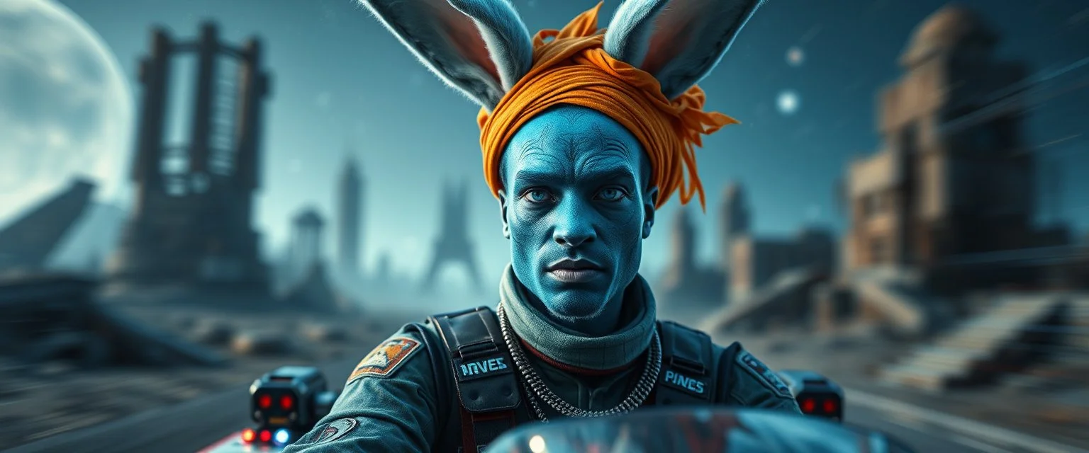 portrait with bluegreen bunny man with indian skin, space race on mega vehicle, From the shadows, they rise, with a spark in their eyes, Ethereal echoes of a world we once knew, With the glam and the glamor, we reach for the skies, Cosmic rhythms pull us through, [Chorus] Suti came for our world, with the power to ignite, Dancing through the stars, we find our light. motion blurred background of ancient space ruins