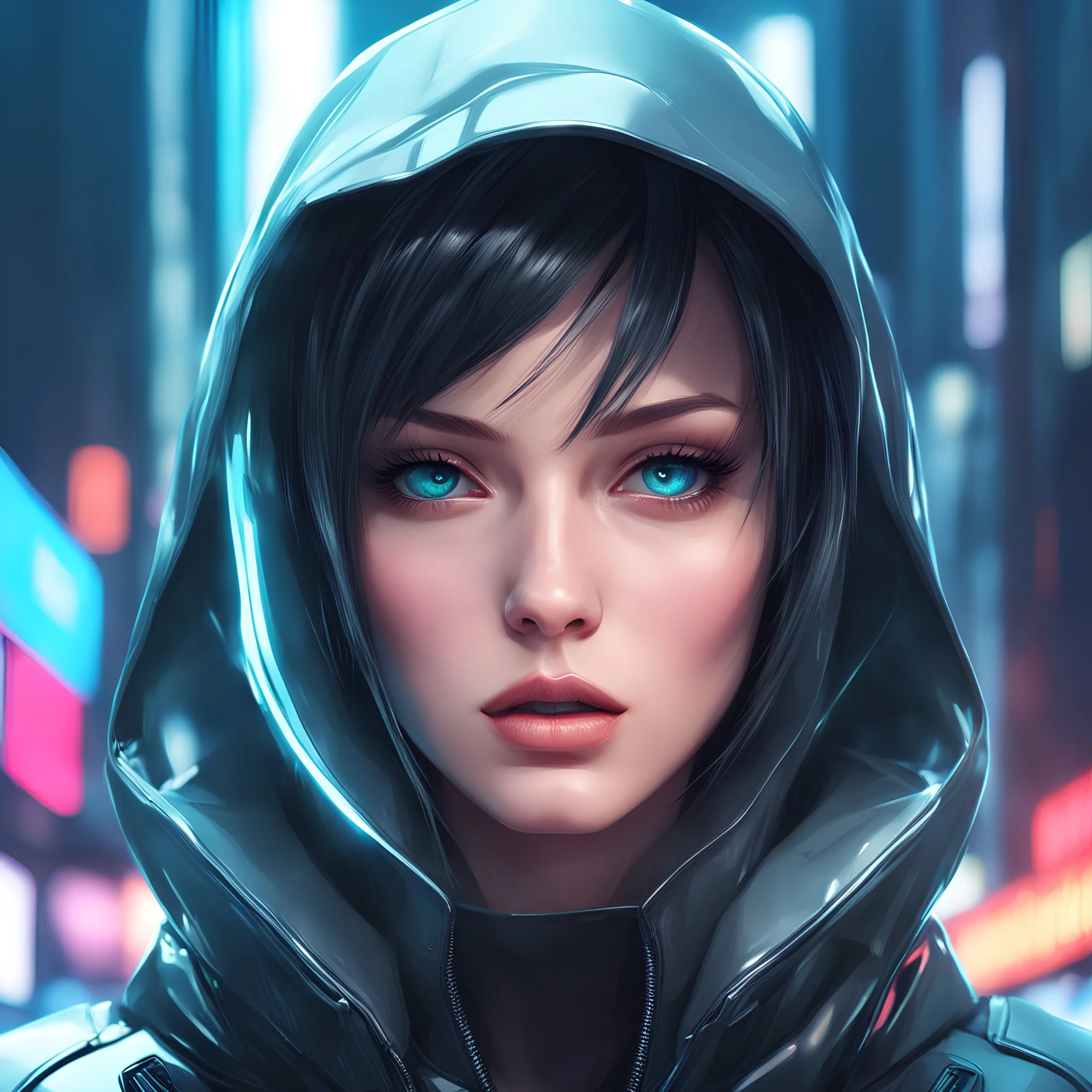 create a woman with a hood on her head, cyberpunk art by Maciej Kuciara, cgsociety, computer art, anime aesthetic, futuristic, ilya kuvshinov