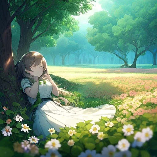 anime girl sleeping in a far away distance. field of flowers. trees are in the distance