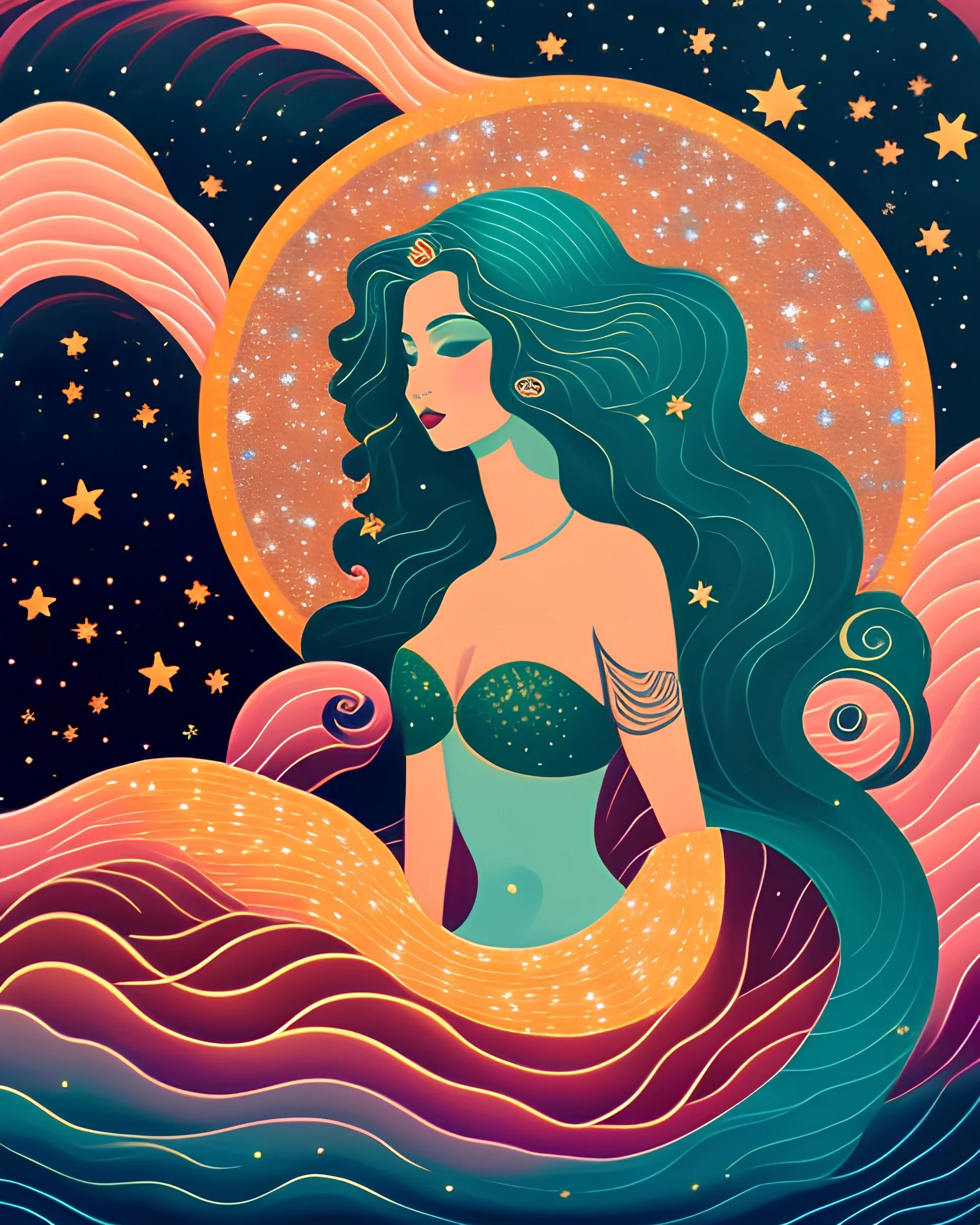 figure of a beautiful mermaid in a sea of stars written in the style of Expressionism poster