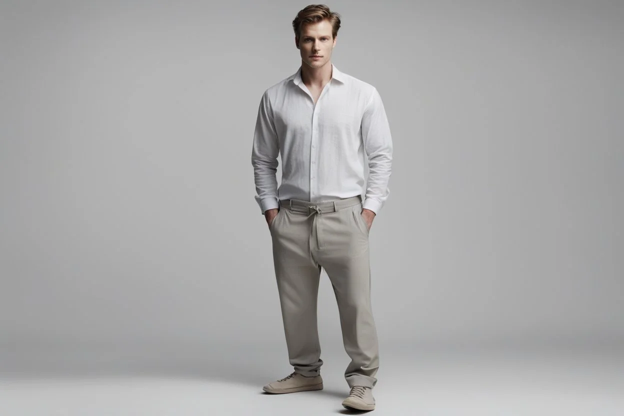 он одет в простую мягкую рубашку и брюки для выздоровления.