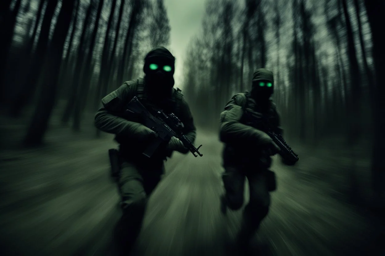 blurry nightvision camera photo of a masked guy being chased by mercenaries in the woods at night