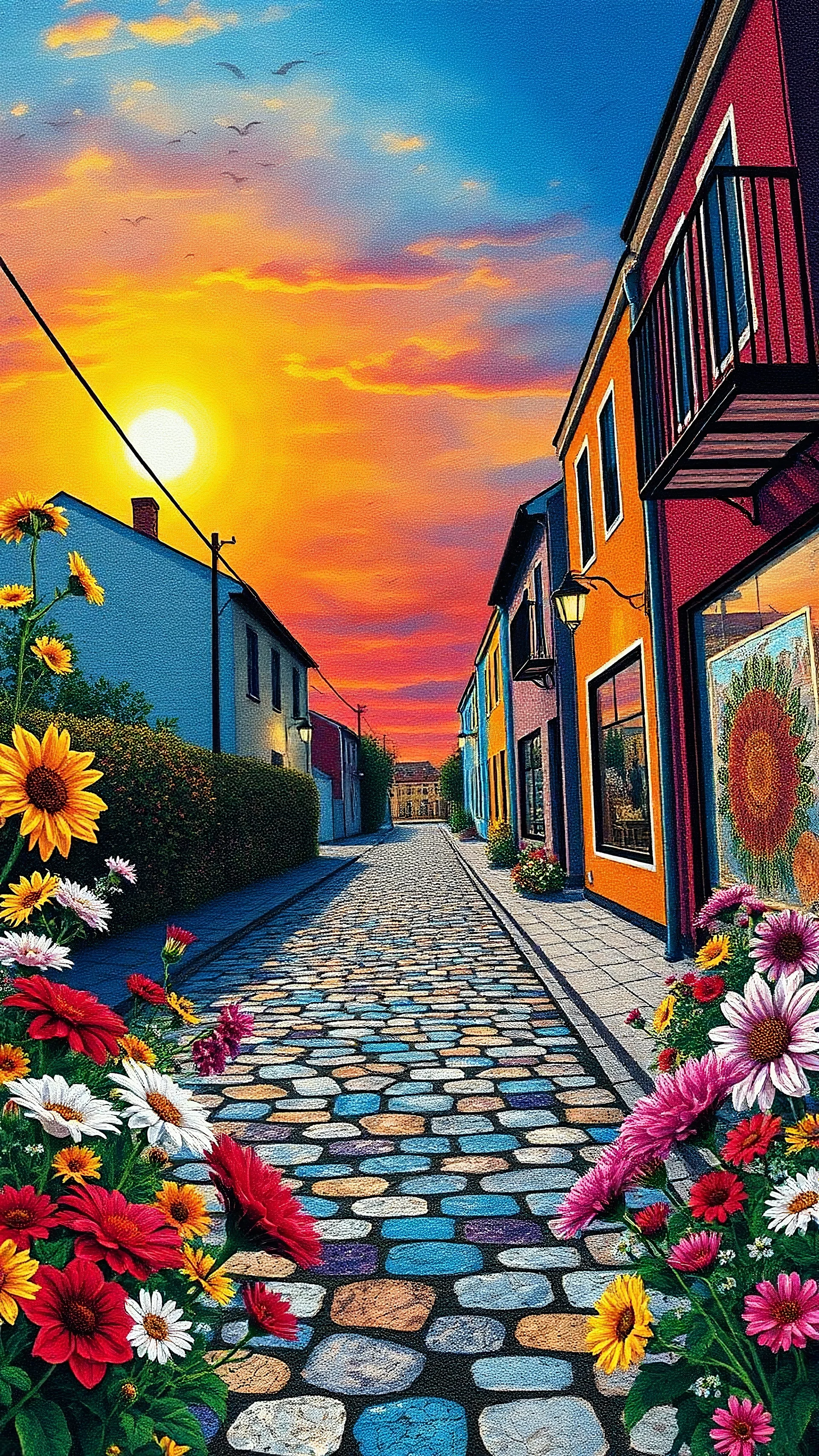 "Midnight Serenade unique" low view angle shot down sunset large close up a beautiful street with colorful wild flowers on both sides , granite terrazzo motifs with puzzle modern , clothing is decorated with colorful filigree abstract, Collage chutes papiers magazines,Spirograph background by Nisa Kiley, Textile Artist،