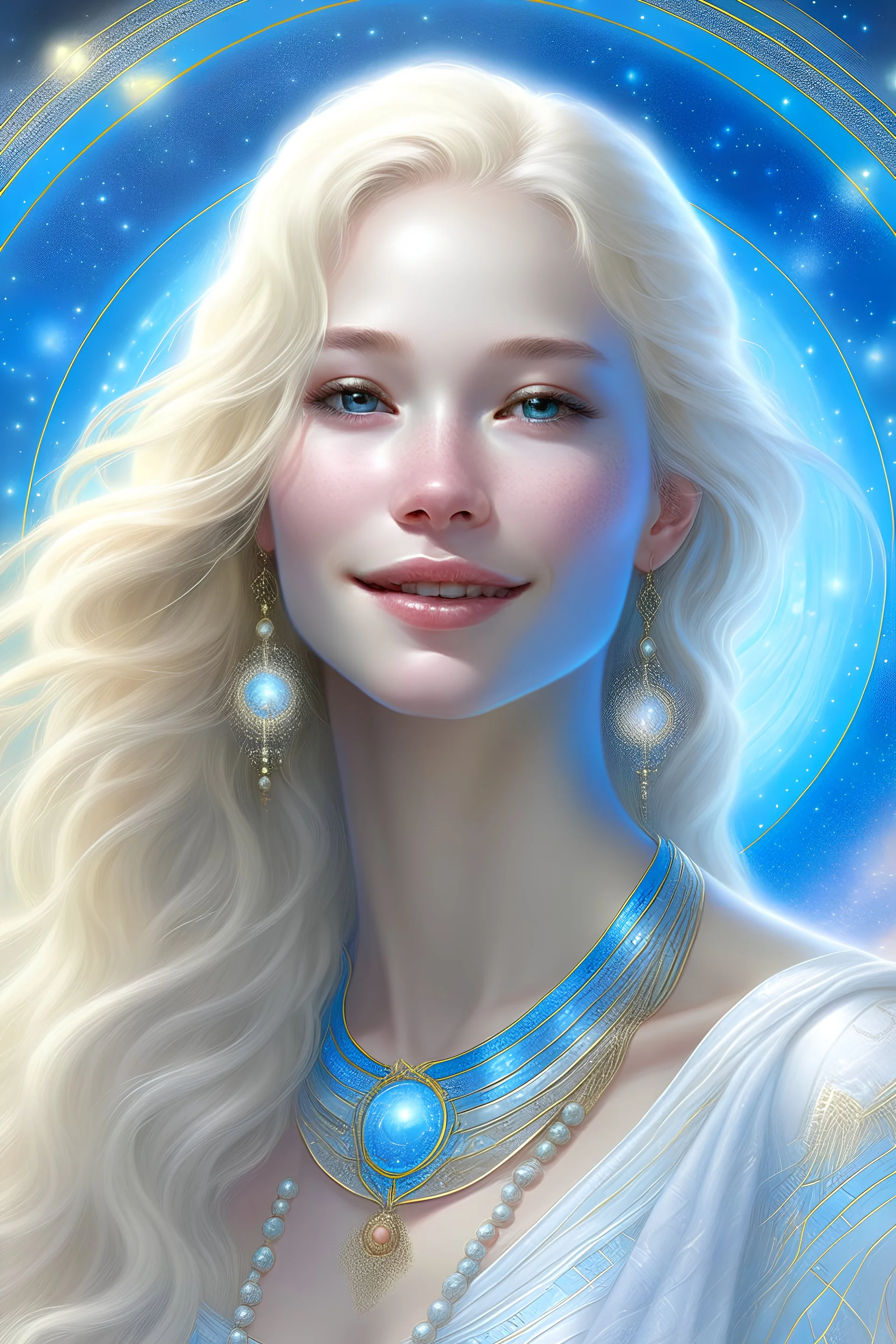 Enlighten, highly detailed beautiful elegant, happy smiling blond long hair blue eyes, white gold costume bright morning, space ship, planets, white pink gold blue shining graduated colours, nice magic atmosphere, jewels, shining stars, glitters, hyper ultra realistic, 32 K, tom bagshaw, greg rutkowski, global illumination, radiant light, bright sky environment, intricate details, surreal, wonderfull
