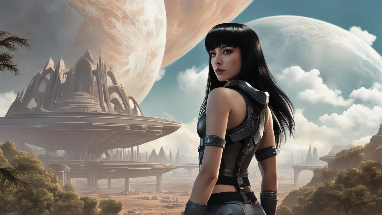 exotic slim sci-fi girl, with long dark hair with bangs, on an alien planet with tall cloud trees, tall spires, buildings, bridges, arches, photorealistic