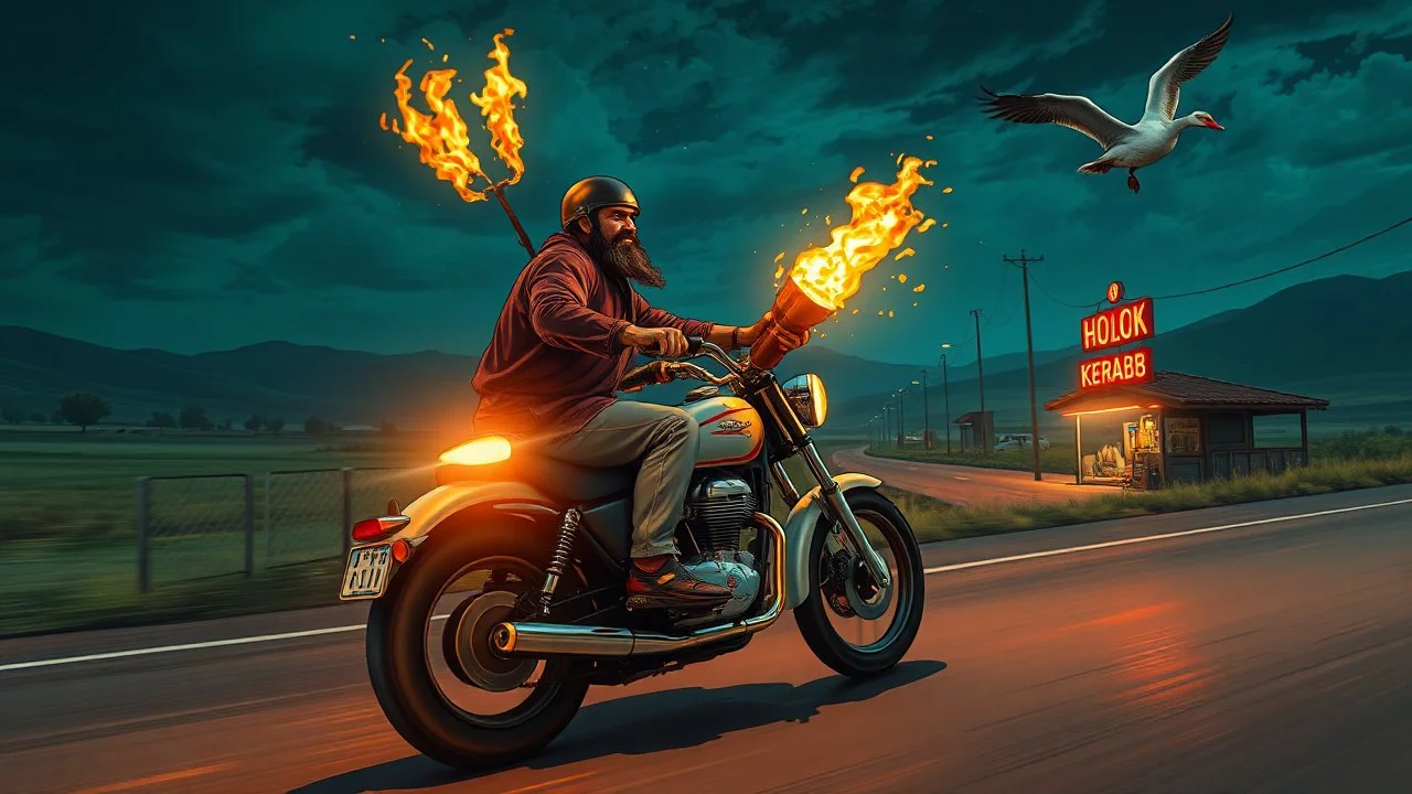 The kebab man driving fast on his holy motorcycle, fire from the exhaust, holy widescreen picture, holy empty road on the holy country at night, comic style, no helmet and he have a long holy black beard, neon kebab signs along the road, jesus stand at his market stand selling holy kebabs, simon stålenhag style, flying goose