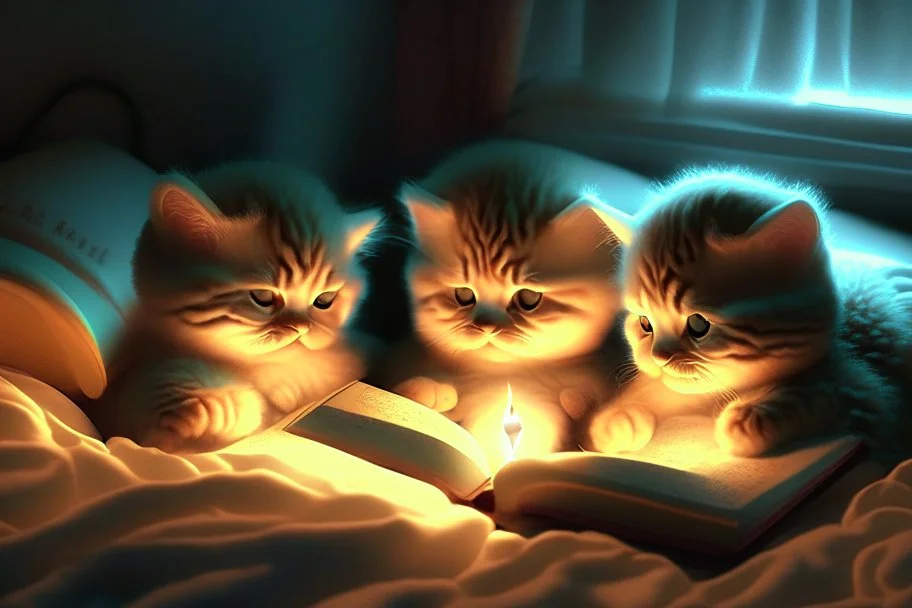 phosphorescent glowing cute soft chubby kittens in a bedroom, reading a book by candlelight on the bed