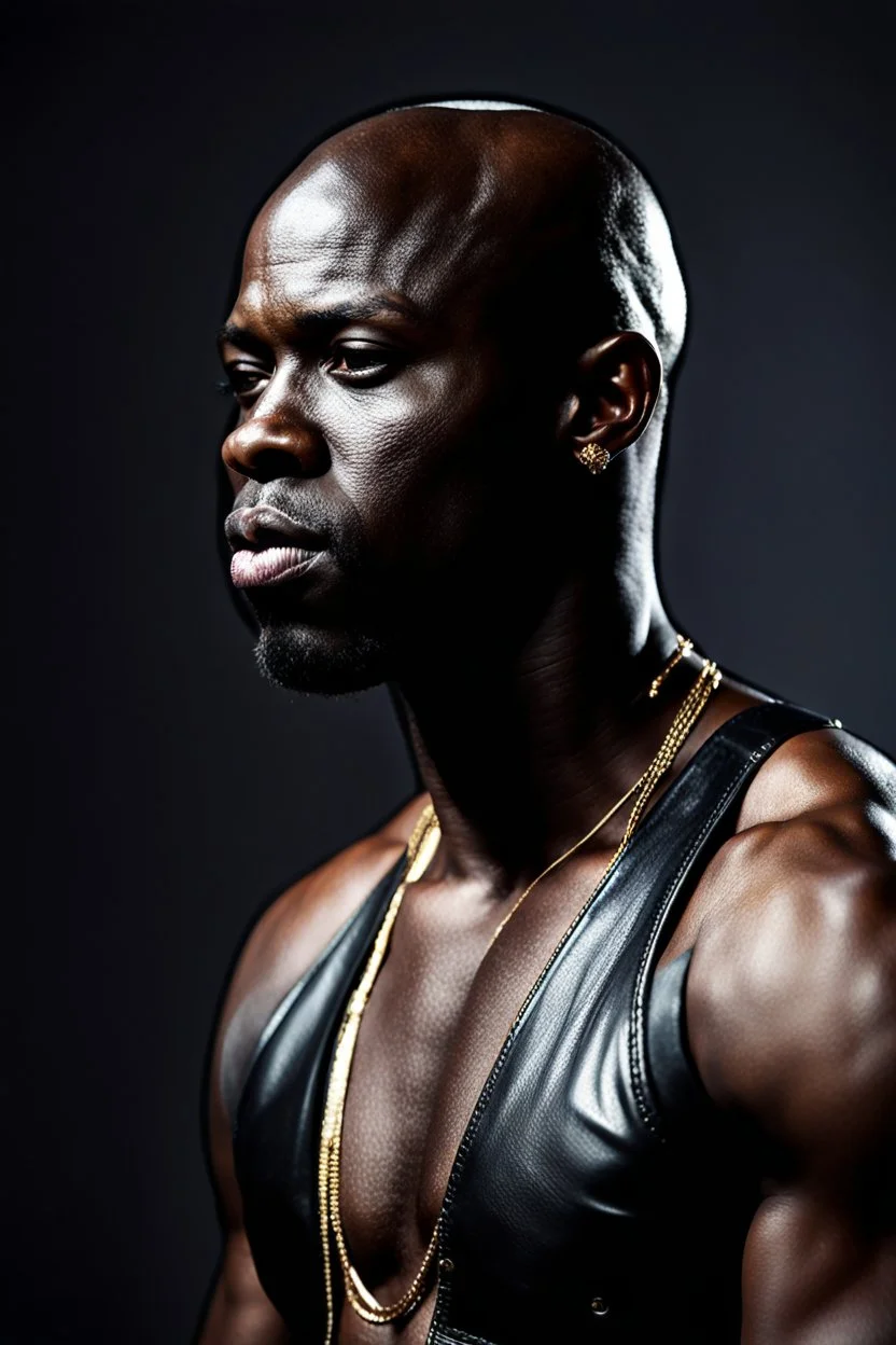 Portrait of a dark skinned and muscular heavy set african man with a bald head and neatly trimmed beard with flecks of grey. he is wearing a leather waistcoat and no shirt. he has a gold earing in his left ear