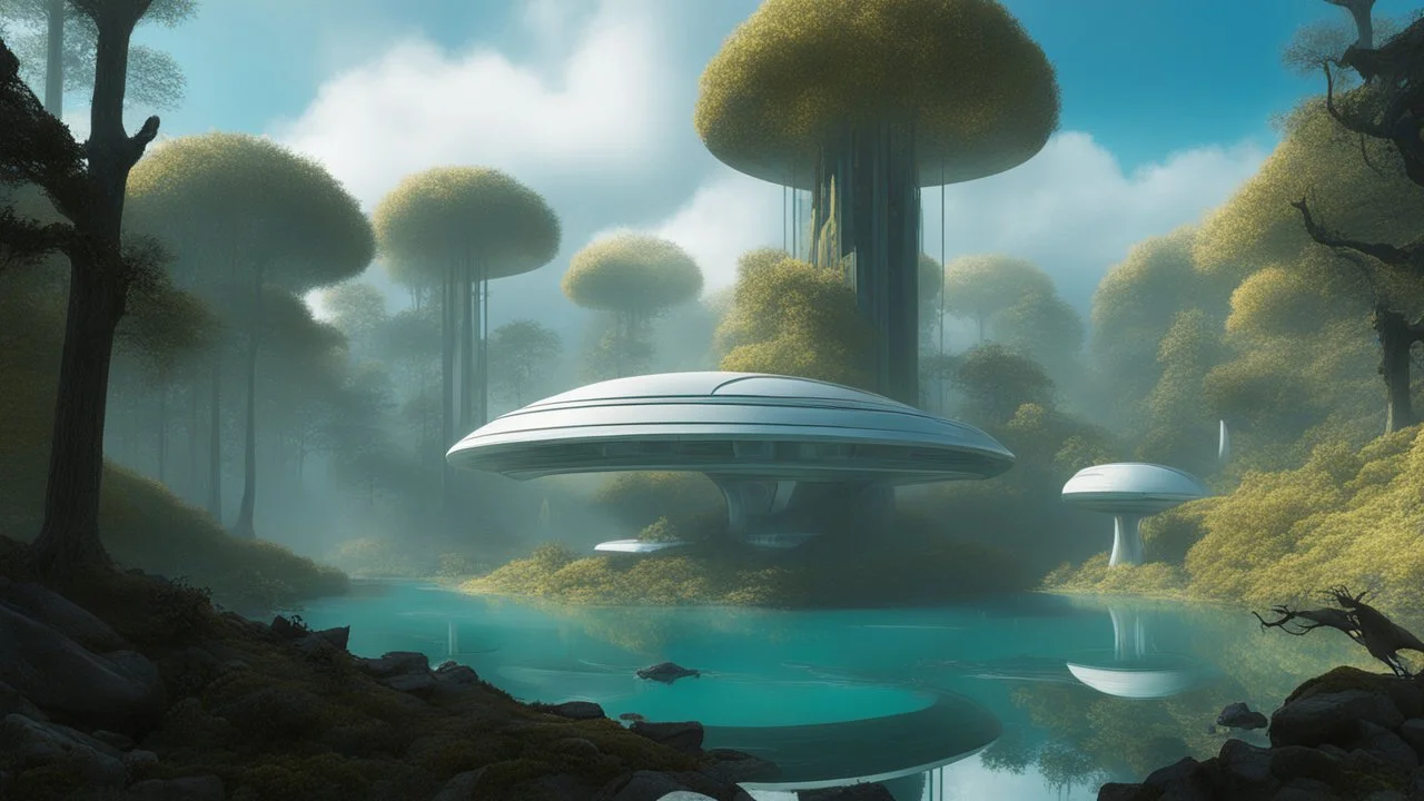 futuristic builds and trees, lake, Roger Dean-style