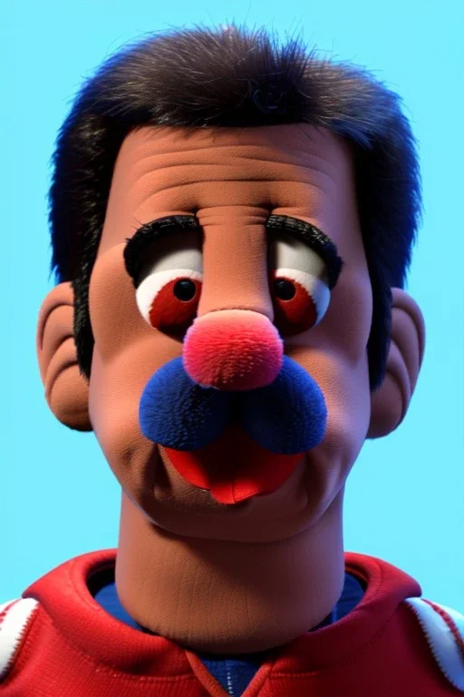 Waist up muppet Portrait, Nicolas maduro us muppet doll, Venezuelan president, tracksuit red blue and yellow, mustache, photo studio, red background, unreal engine 5, concept art, art station, ray tracing, lumen lighting, ultra detail, volumetric lighting, 3d.