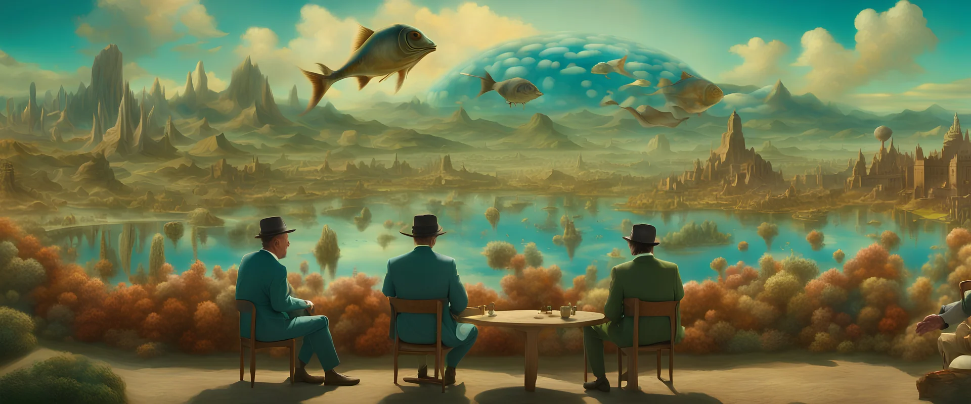 Mr Salvador Dali and Mr Hieronymus Bosch talking to each other at an outdoor surrealist market. A herd of dream-like sky-fish swim high in the far distance, with a beautiful surreal outdoor countryside summer scene with hills, waterfalls, and an intricate fractal sky, very high detail, photorealistic, epic cinematic, 8K, Large depth of field