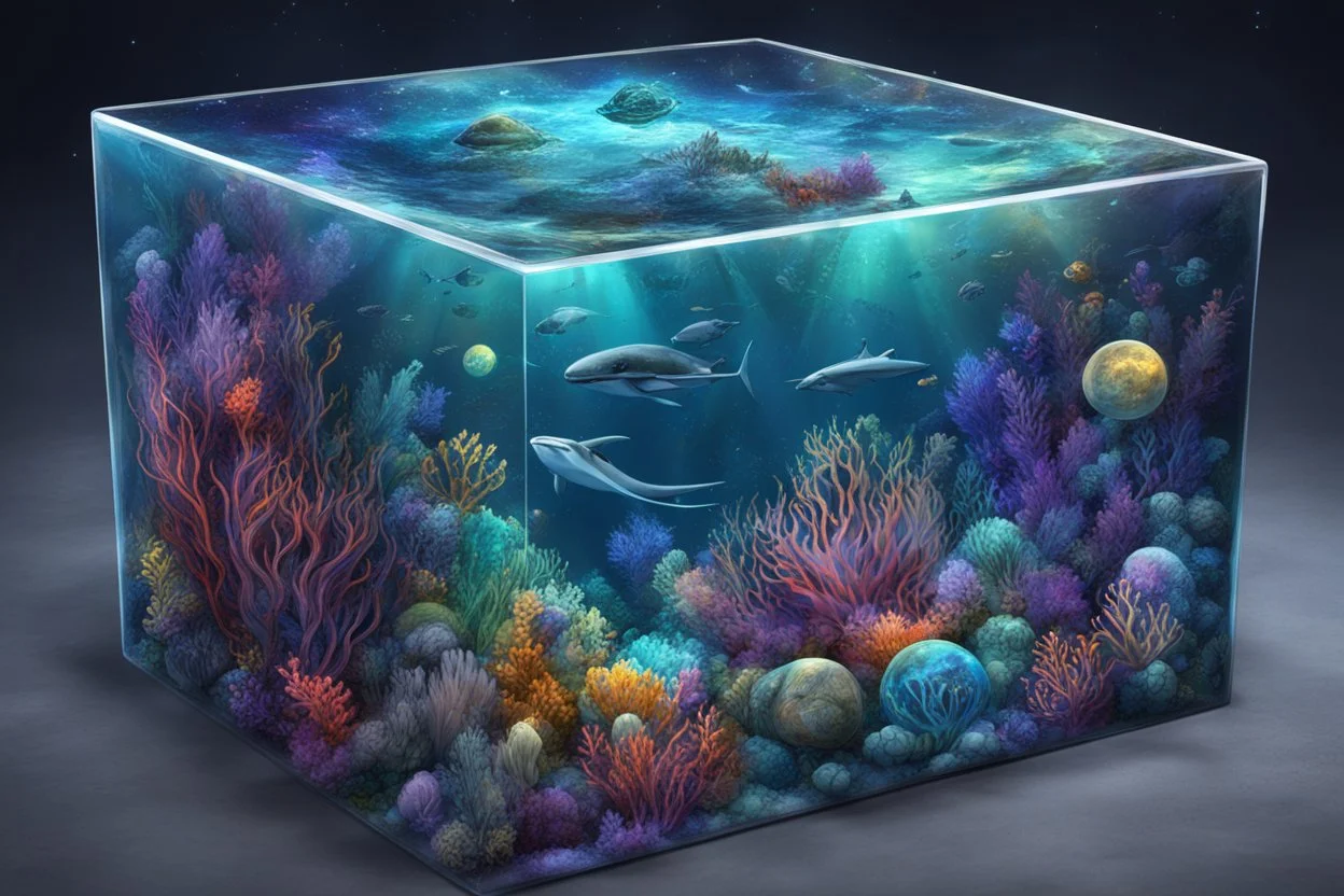 hyperrealistic, 4k, box for storing things with beautiful drawings a lot of colours, very detailed, subnautica, sea plants, seal leviathan, planets space, galaxies,