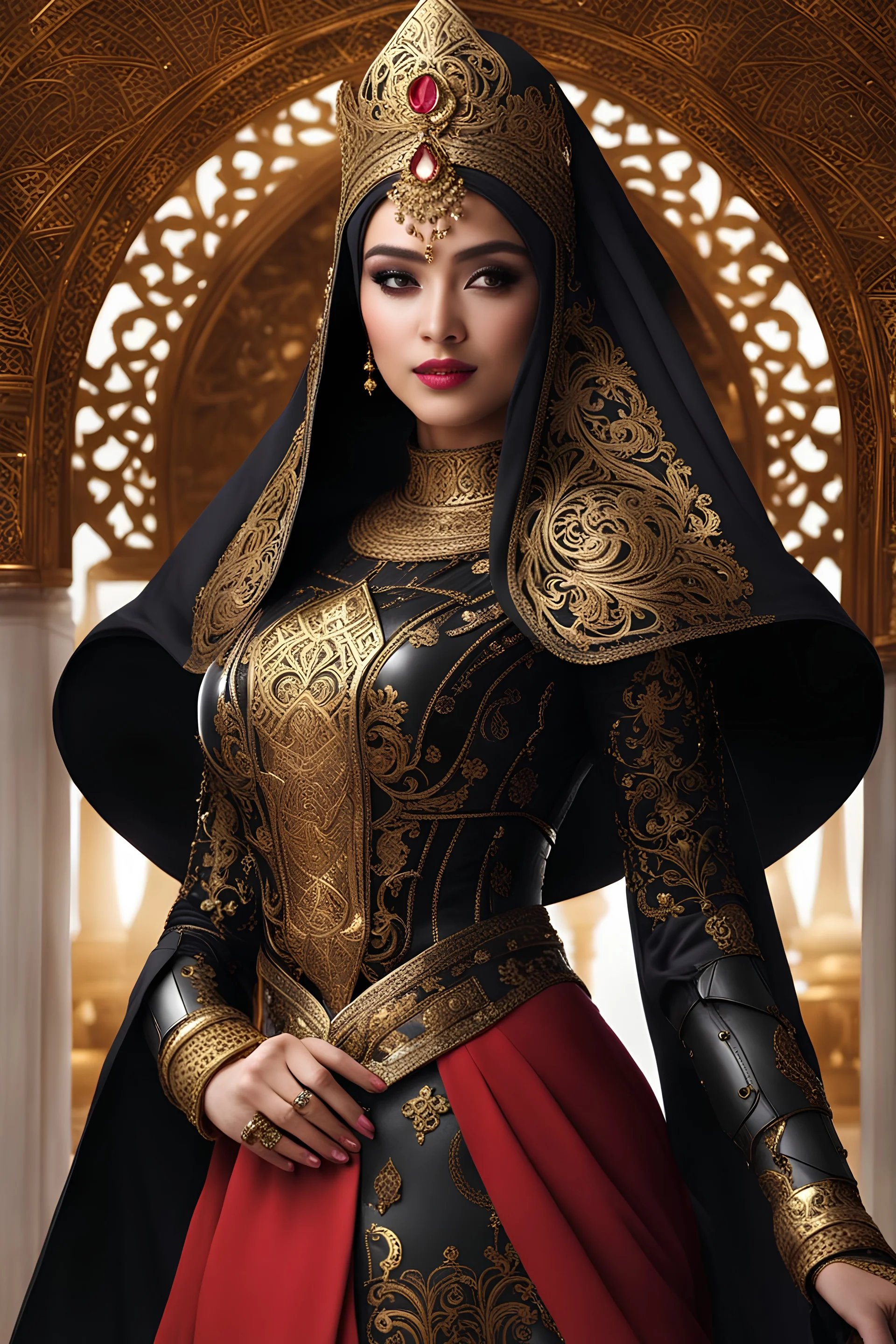 Realistic photography,front_ full view, (queen, looking at viewer),traditional dress, hijaber, ornaments mechanical_armor, intricate armor, delicate golden filigree, intricate filigree, black metalic parts, detailed part, dynamic pose, abstrac background, dynamic lighting