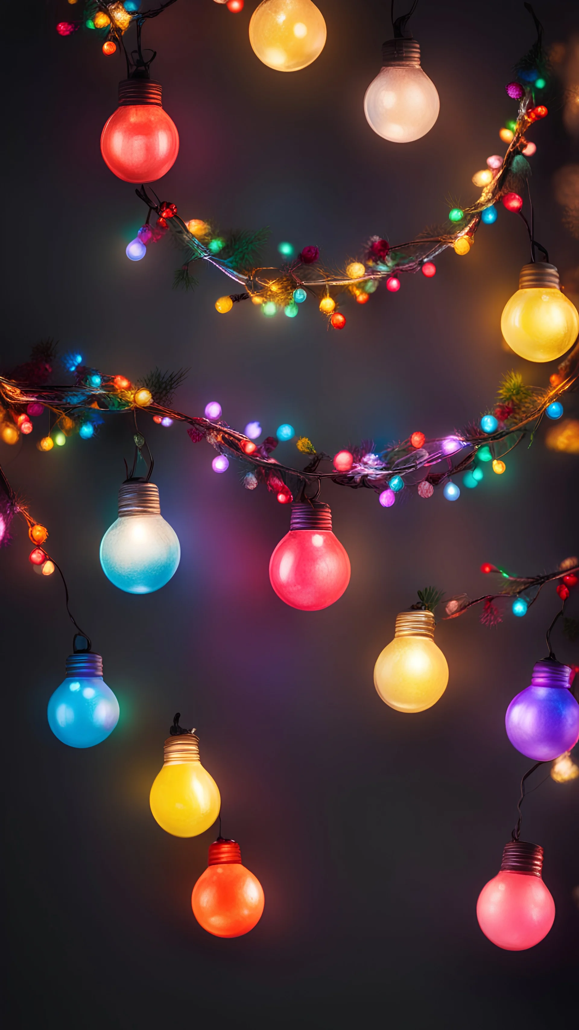 painted garland with multicolored light bulbs close-up on a dark background