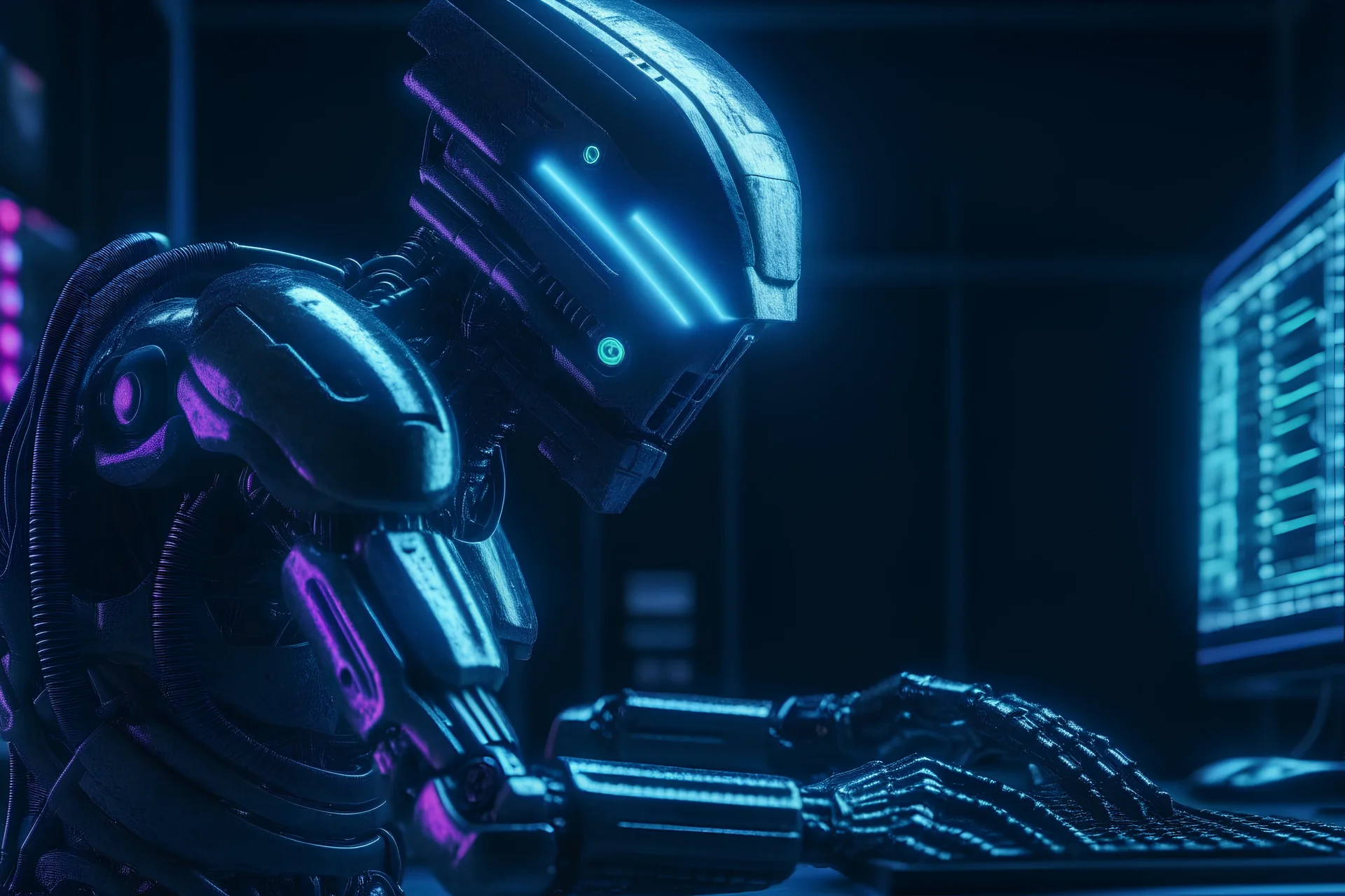 robo doing designing work on pc,cyberpunk style,8k raw,dual tone,realistic