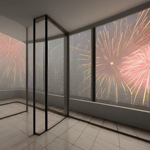 3d render of lawyer office, showing through the big glass windows the new year fireworks outside, hyper realistic, 4k