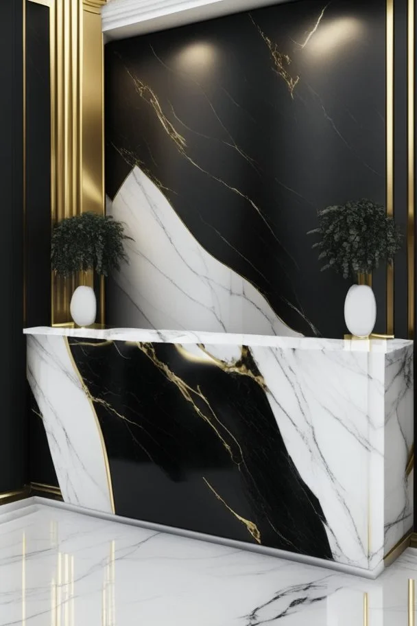 Black reception desk with white marble wall veined with gold