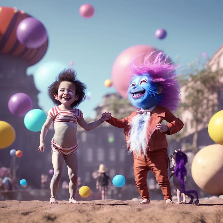 Ultra realistic circus scene. Sweet hair monster and Child’s playing, smile, happy, color bubbles, smooth color, waist up view, Wes Anderson style, dark ambient, highly detailed, concept art, unreal engine 5, god rays, ray tracing, RTX, lumen lighting, ultra detail, volumetric lighting, 3d, finely drawn, high definition, high resolution.