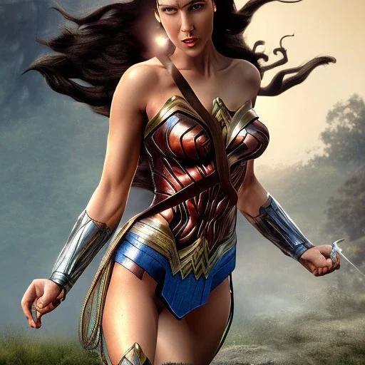 Wonder woman fighting a giant insect, futuristic design, a paradise in background, close-up face, geometric armor, female face, 3d unreal engine, black face, close up armor, church detail, lovely face