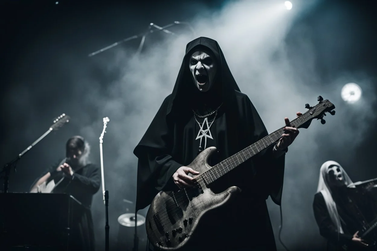 jeptiška hraje na pódiu v blackmetalové kapale na baskytaru a řve do mikrofonu, ponurá atmosféra, veliká scéna koncertu, pentagram, obrácený kříž, veliký kontrast, hodně detailů, fotorealistické, RAW