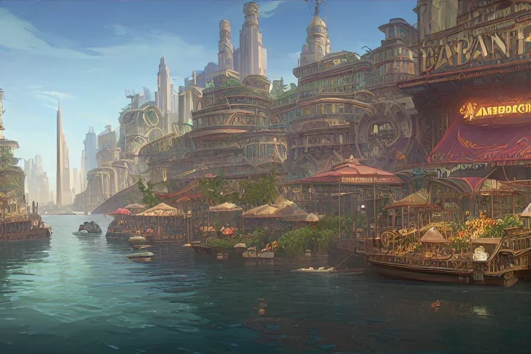 Boat restaurants in front of Empire Metropolis+hanging garden of babylon+karnaca+rome+istanbul+Burano+barocco Skyscraper+steampunk+colorful city,alphonse mucha,greg rutkowski,matte painting, cryengine