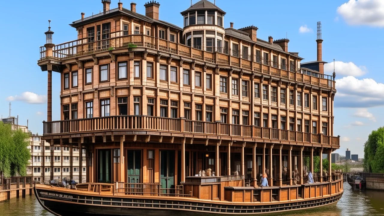 large wooden Victorian pleasure steamboat floating in the air above a city, balconies, verandas