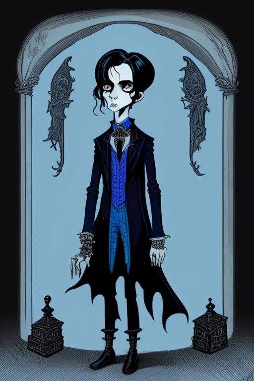 black haired blue eyed young man necromancer wizard with gothic jewelry in the style of charles addams