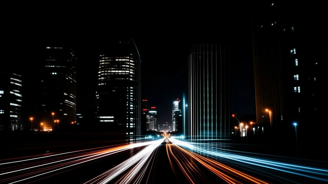 Artistic image with long exposure that captures the density of a night cityscape, showing columns of bright light against the black background.