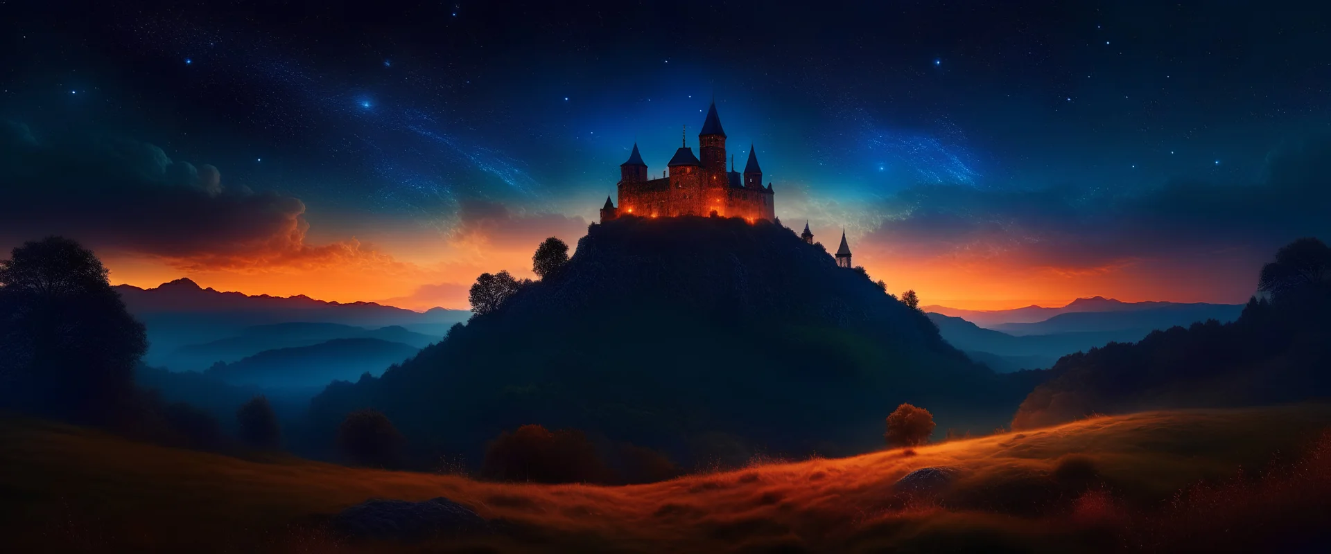 fortress on magic , the night sky turned from the galaxy, space, ethereal space, cosmos, panorama. Background: An otherworldly planet, bathed in the cold glow of distant stars. gloomy landscape with l dramatic hd highlights detailled . LANDSCAPE NIGHT AUTUMN, dark scene , there are no other creatures, only stars are visible in the sky , The landscape is dark, with mountain peaks. real panorama Sharp image