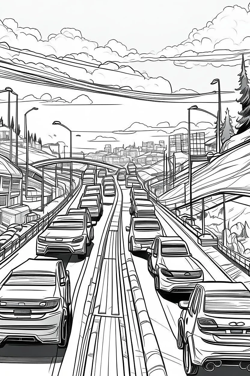 Outline art, no shading, cars on the road, cartoon style, black and white, low detail, --ar 9:11