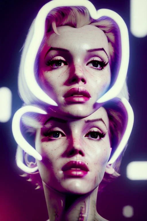 Ultra Realistic image, portrait, blonde woman, sweet Marylin Monroe face, perfect iris, glow eyes, makeup. Cyberpunk style, oversized transparent latex coat, yakuza tattoos. fog, rain, soft color, highly detailed, unreal engine 5, ray tracing, RTX, lumen lighting, ultra detail, volumetric lighting, 3d, finely drawn, high definition, high resolution.