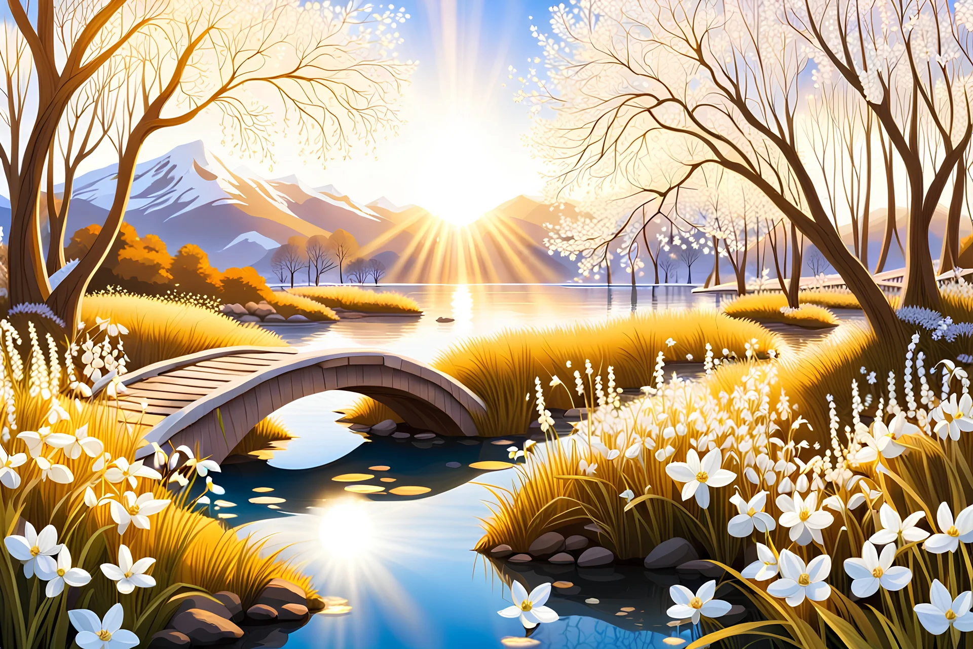 magic garden with white Snowdrops, white, or gold light effects colors, sun, realistic, blooming trees in springtime, willow, bridge, pond, wood, white mountains, highly detailed, high contrast, 8k, high definition, concept art, sharp focus