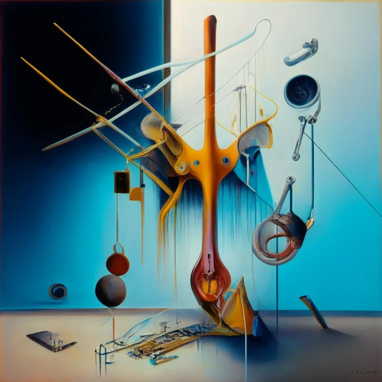 Abstract painting formed by a mix of human flesh-like surgical instruments and universe-like musical instruments,neuralink,minimalism,Painting By Adrian Ghenie, Rene Magritte, Salvador Dali, Lucian Freud