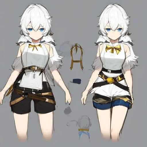 Clear focus, High resolution, rough line sketch art, short fluffy white hair, hair between eyes, fluffy hair, blue eyes, wearing a sleeveless shirt, wearing shorts, detailed outfit, lots of details, bow on belt, white belt, white and blue everywhere on outfit, cut sleeve, yellow chains around outfit, concept art