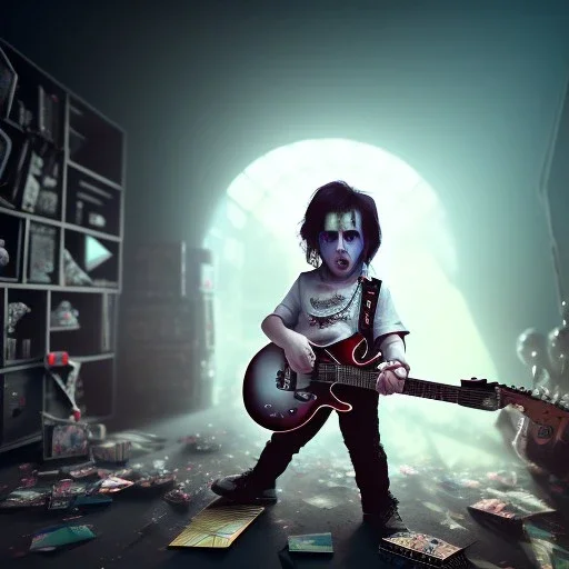 3d render, Alice Cooper toddler, full body, guitar, dramatic lighting, volumetric lighting, music studio background, hyper realistic, unreal engine 5, 8k, UHD,