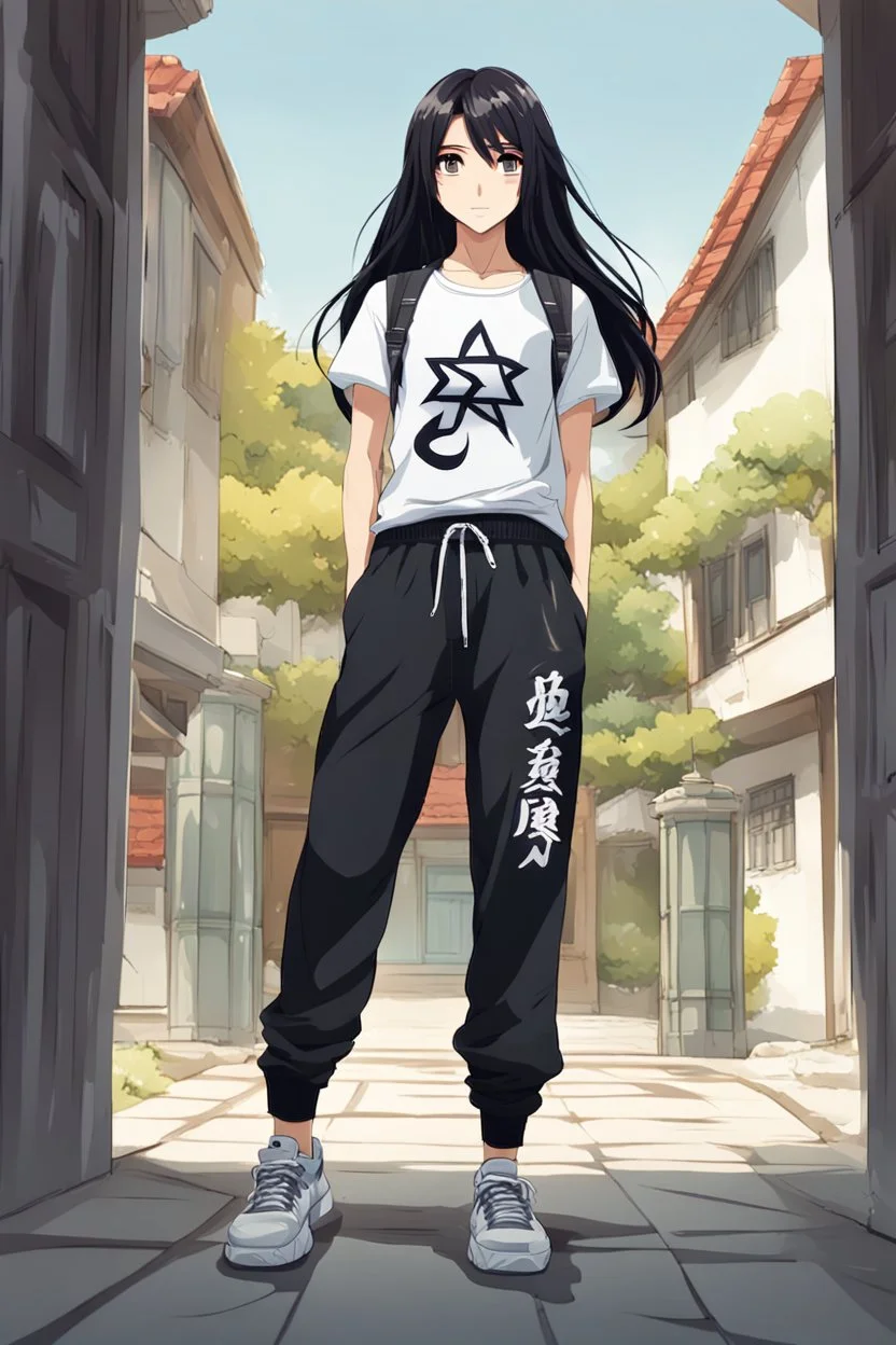 attractive anime woman with black long hair, t-shirt and sweatpants, full body in frame,