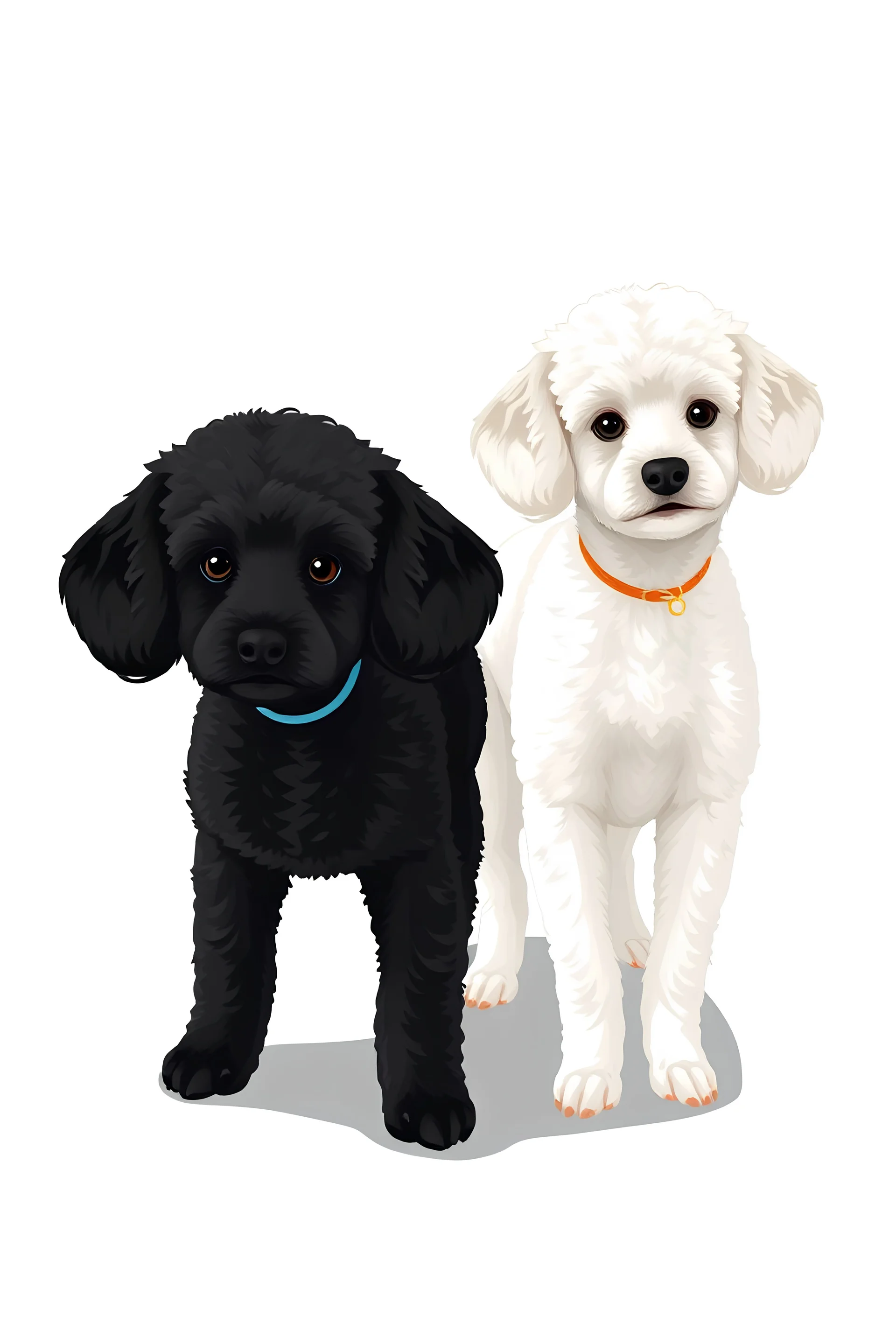 vector two adult toy poodle dogs, "one black with only 3 legs, missing one at the front", and one White vector