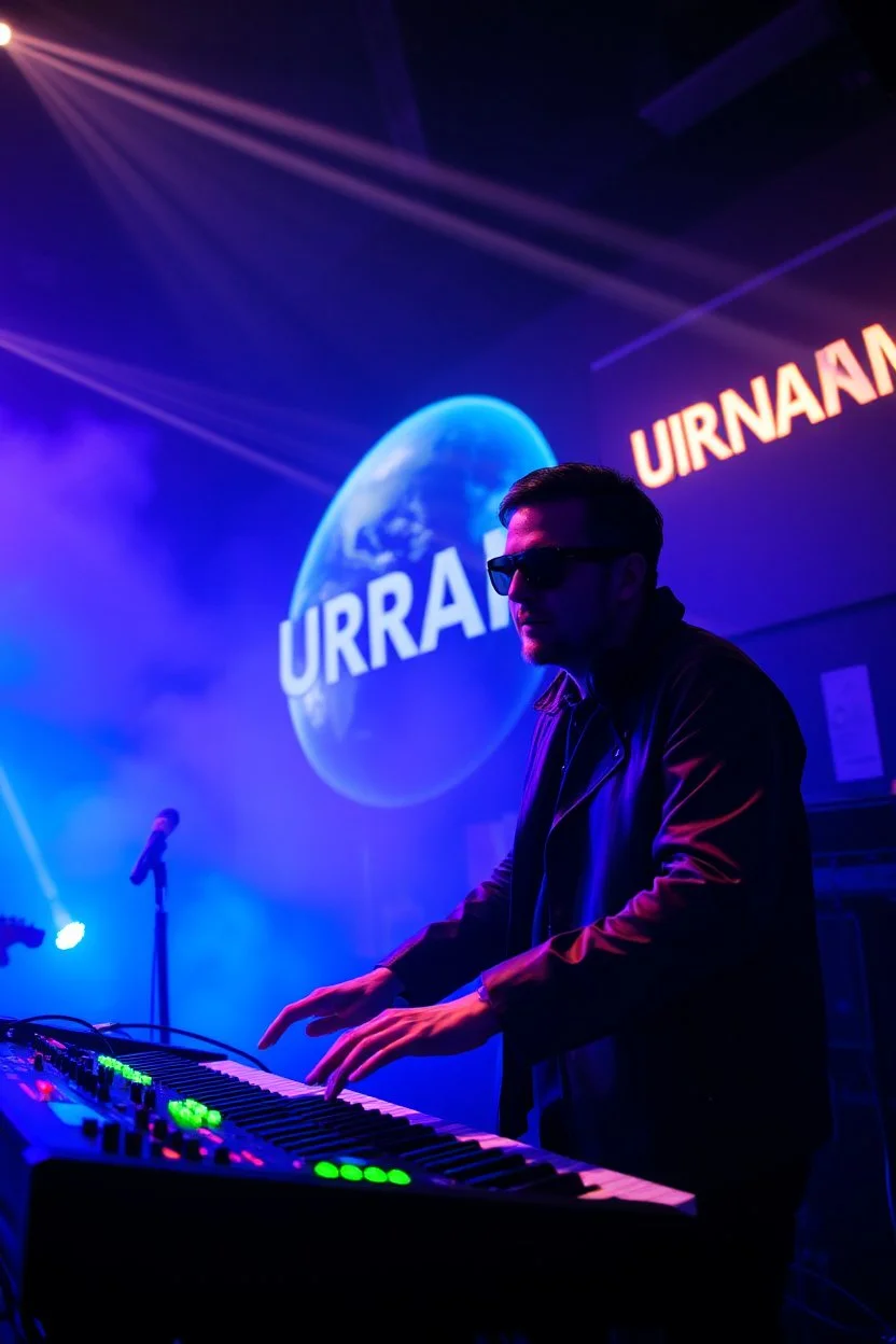 French cool synth player, he is called "Jean-Maurice Brûlée" performing at dance club, his name is "Jean-Maurice Brûlée" , white and blue Neon lights and smog, an earth is projected in background, and "URANIUM" big sign on the wall, he is playing on synthesizers on stage with lot of laser beams and wearing black sunglasses,