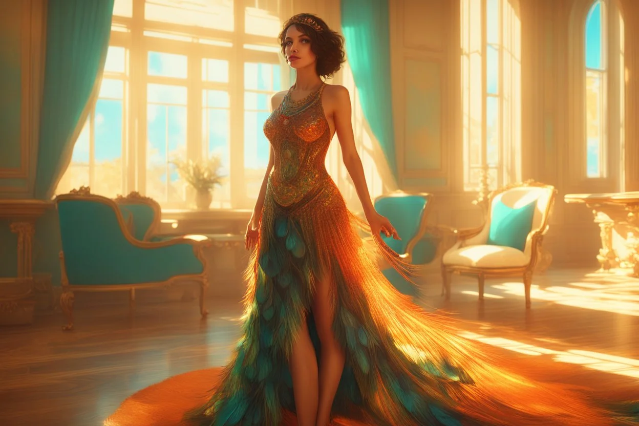 brunette woman standing in an elegant living room in a beautiful peacock feather dress in sunshine Weight:1 8k resolution concept art by Greg Rutkowski dynamic lighting hyperdetailed intricately detailed Splash art trending on Artstation triadic colors Unreal Engine 5 volumetric lighting Alphonse Mucha WLOP Jordan Grimmer orange and teal Weight:0.9