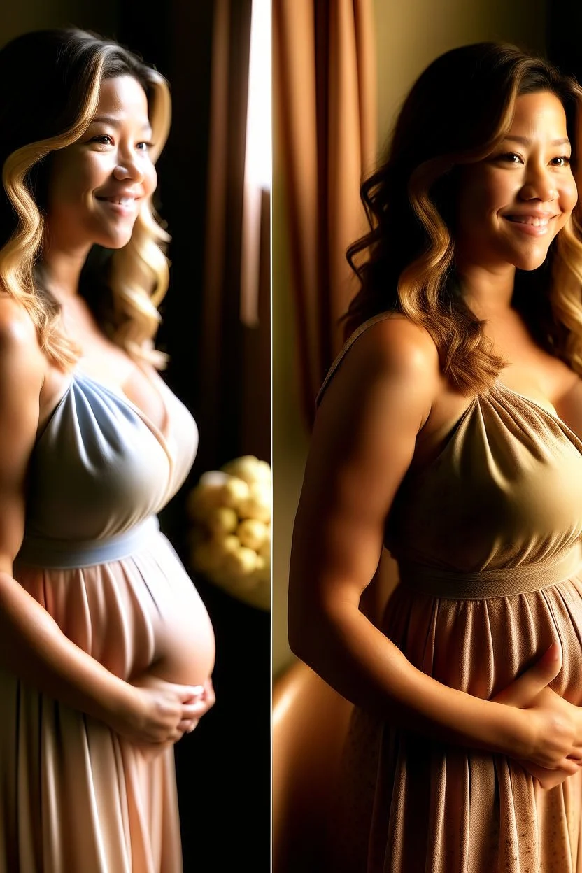 Gina Rodriguez mid-transformation, hair shifts to blonde curls, maternity dress adjusts, tightens around waist and hips, subtle pregnancy bump emerges, facial features refine, evolving into a radiant appearance. Maternity dress now conforms more gracefully, hinting at the emerging curves, waist, and pregnant silhouette. The changing room, softly illuminated, mystical symbols enhancing the ambiance, capturing the enchantment as Gina undergoes the magical journey at "The Mystic Emporium."