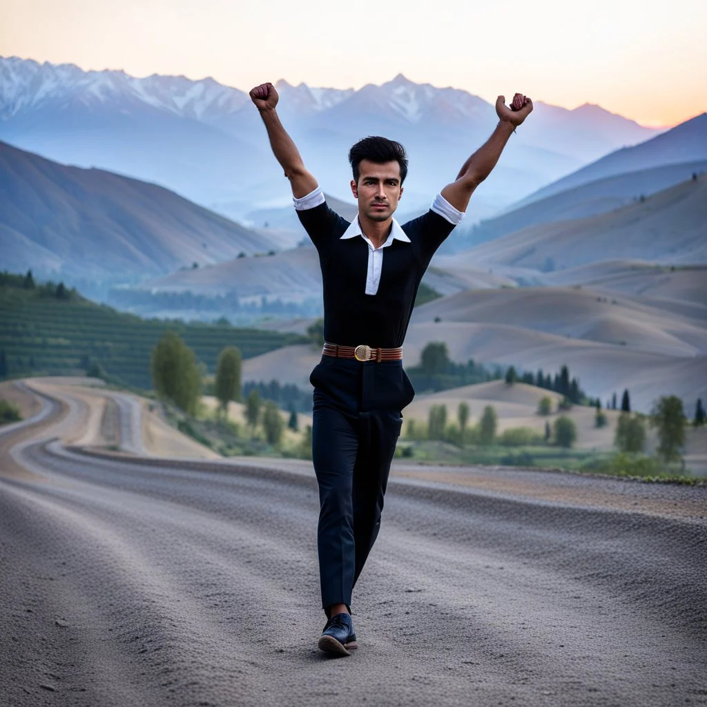 A full-body shot of a young tajik man wearing shirt and pants walking looking at the camera