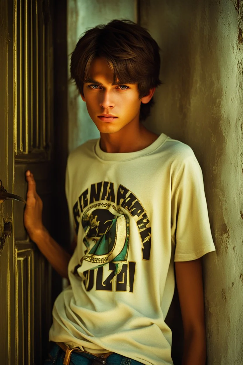 15 year old young boy with lightly tanned skin and brown hair wearing a teeshirt, standing by a door, fantasy