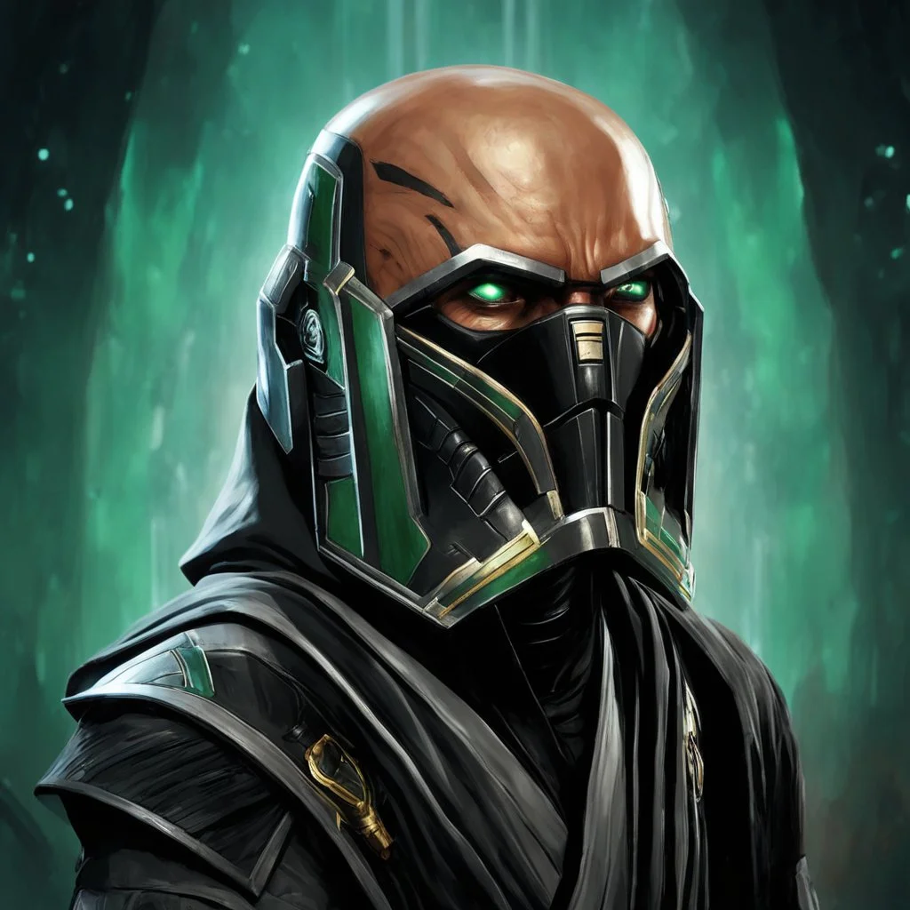 star wars bald male corellian jedi pilot wearing gunmetal grey and black old republic armored robes with gold trim inside the jedi temple holding a lightsaber with viridian green blade in left hand, centered head and shoulders portrait, hyperdetailed, dynamic lighting, hyperdetailed background, 8k resolution, volumetric lighting, light skin, fully symmetric details