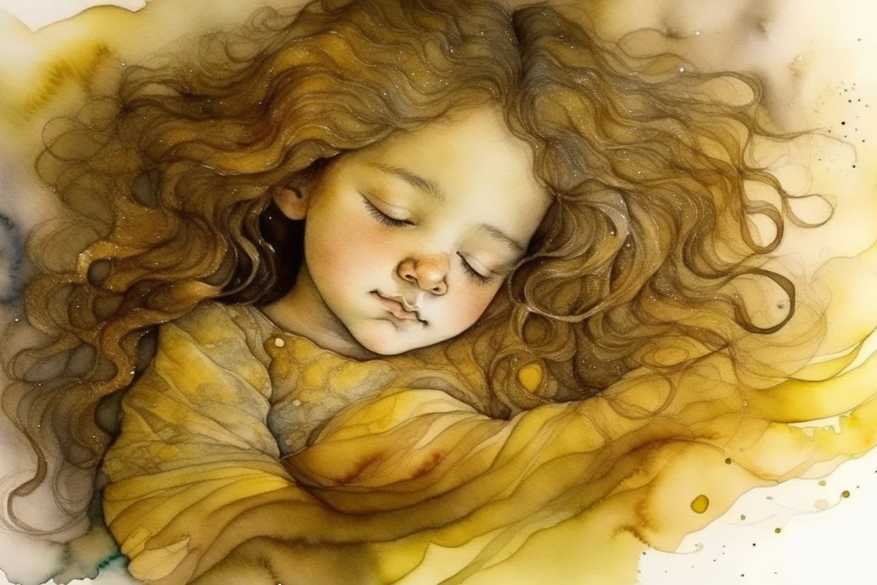 Small girl with long curly brown hair sleeping in god's hand (a big, clear hand) watercolor and ink, golden patina, glitters in ochre, backlit, mist and fog