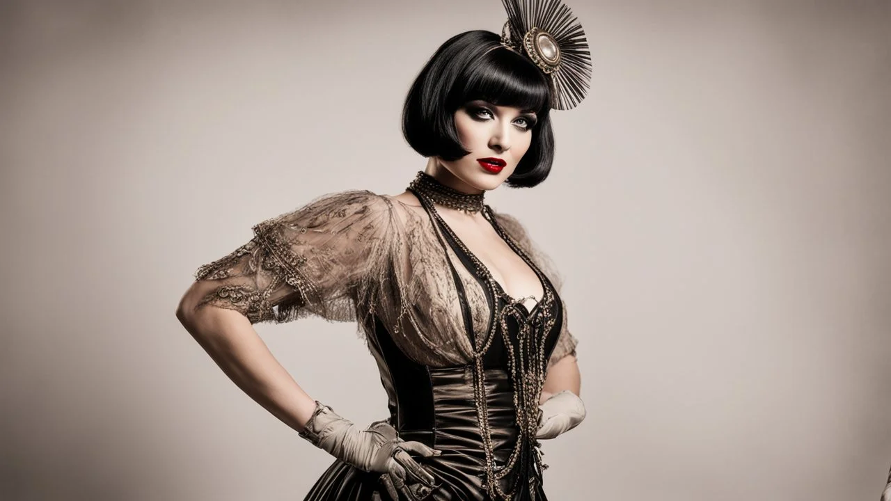 Full Body, burlesque dancer looking to the right, With A Bob With A Fringe Hairstyle, 1920s clothing, Steampunk,