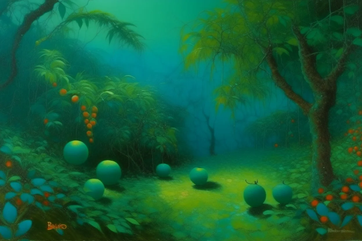 A teal jungle with fruit painted by Birge Harrison