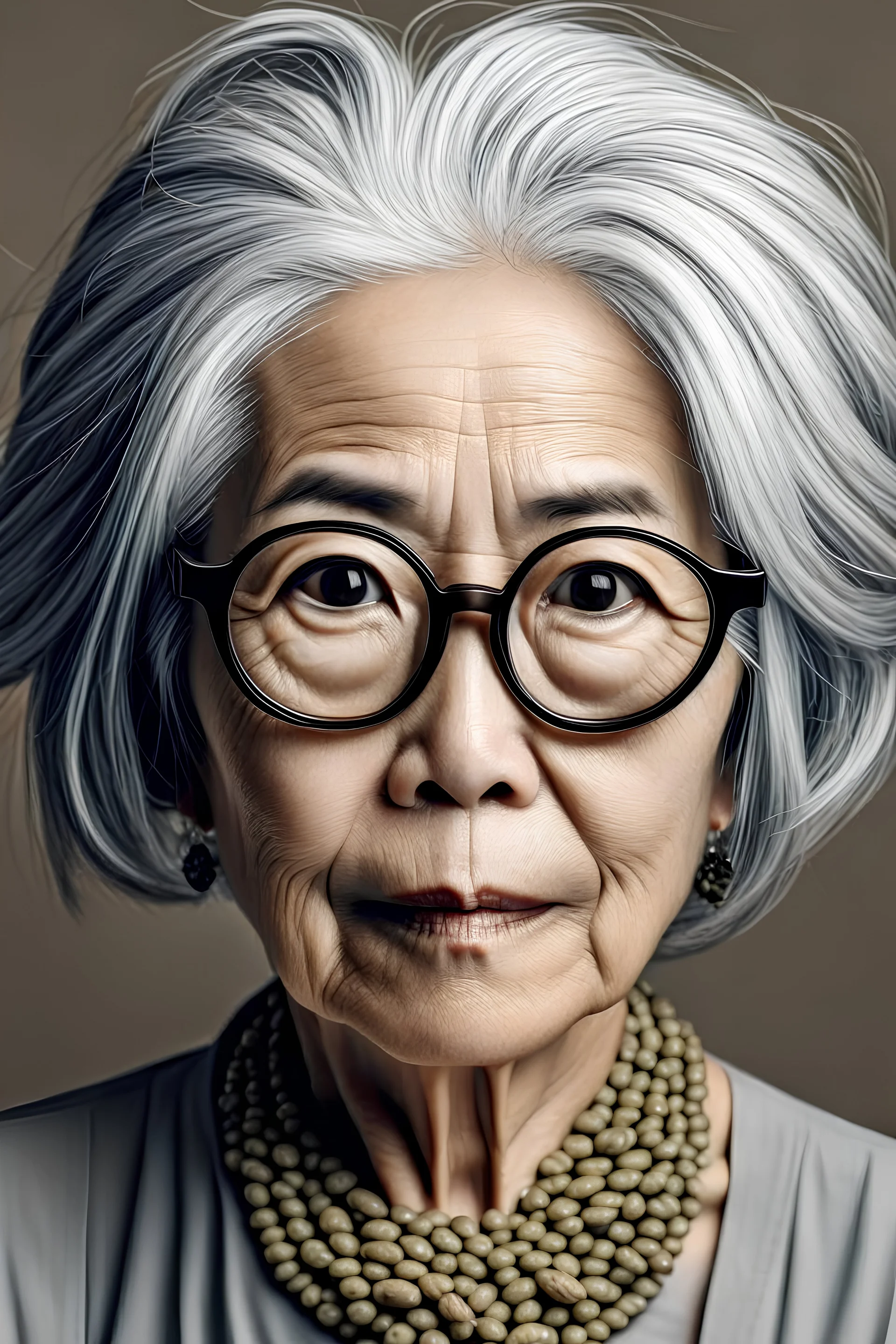 mujer con muchos granos, canas, frente inmensa, lentes