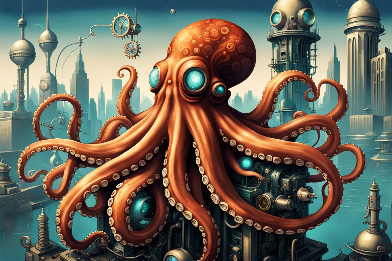 A captivating retro-futuristic illustration of an octopus in a classy science fiction world. The octopus, with an intricate steampunk design, is the centerpiece of the artwork. Its eight tentacles are adorned with various gadgets and glowing devices, including vintage gears and machinery. The background showcases a cityscape that combines old-world charm and futuristic architecture, with a neon skyline and a massive spaceship floating overhead. The overall atmosphere of the image is a blend of n